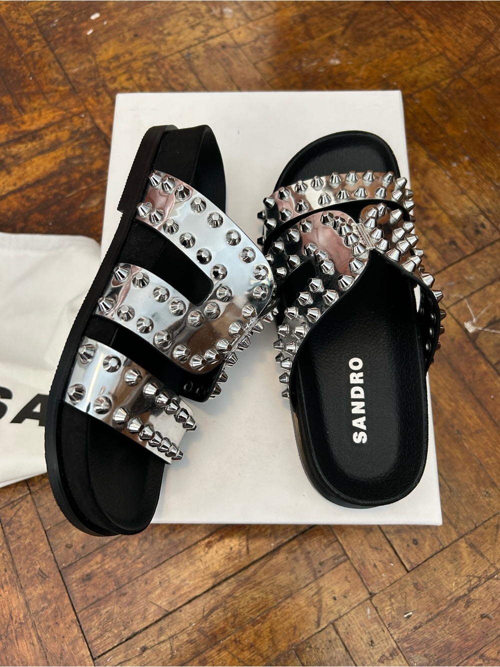 Sandro Silver Studded Slide Sandals with Black Footbed